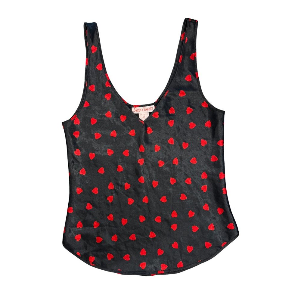 Vintage Satin Sweets Black and Red Heart Cami Slip Top Size Medium